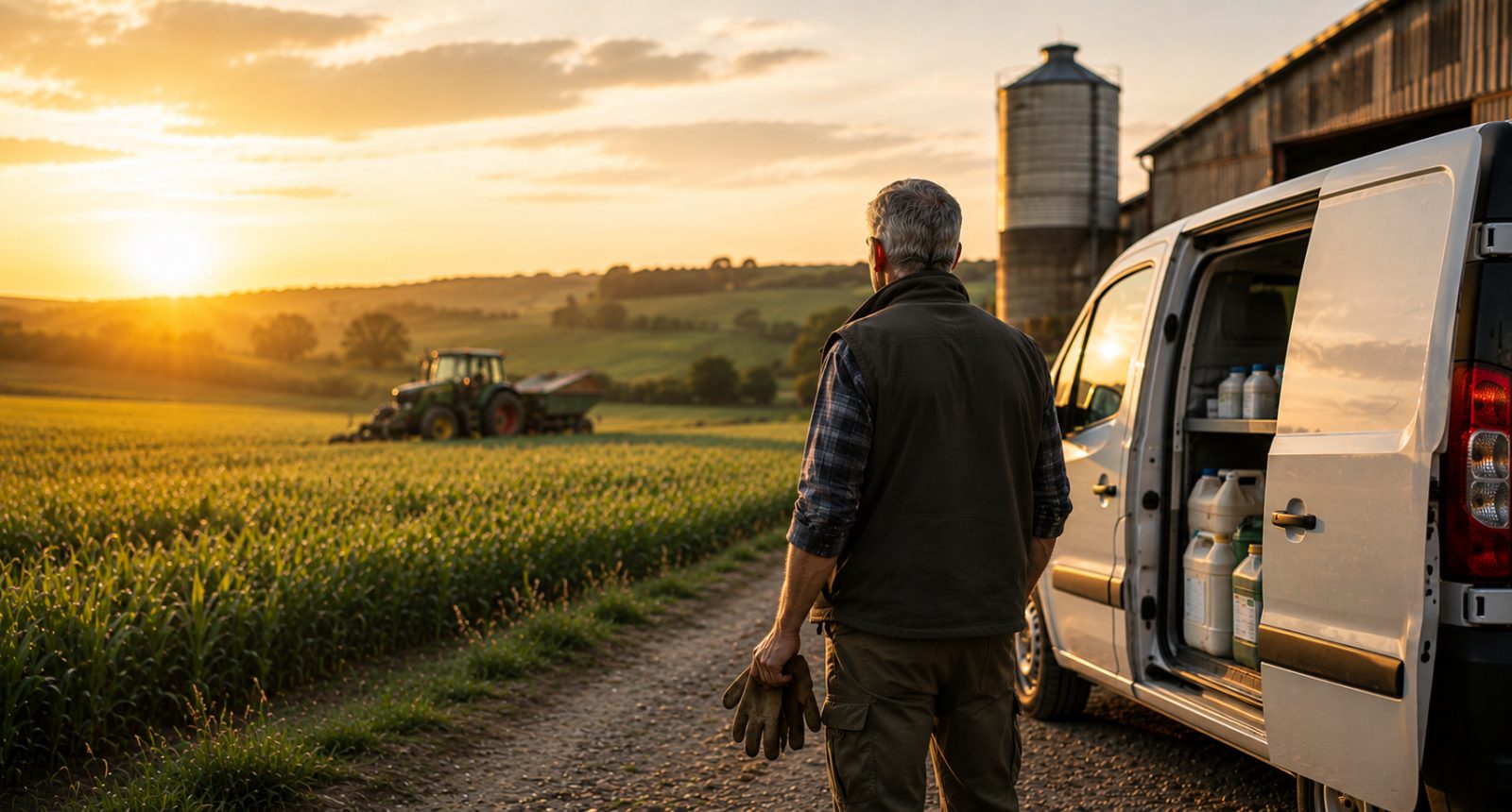 Agriculteur devant son champ au coucher du soleil, camion d'intrants agricoles