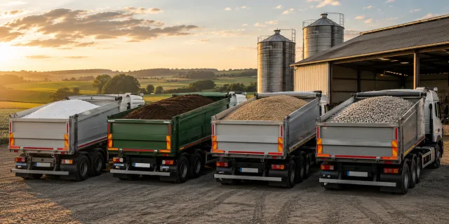 Bennes de fertilisants agricoles devant les silos au coucher du soleil